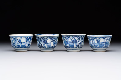 Ten Chinese blue and white cups and nine saucers, Kangxi mark, 19th C.
