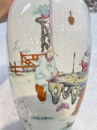A Chinese famille rose vase with narrative design and a famille verte vase, Qianlong mark, 19th C.