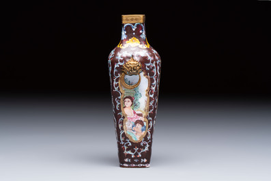 A square Chinese Canton enamel 'European subject' vase, Qianlong mark and probably of the period