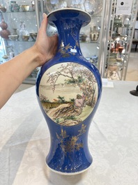 A Chinese famille rose powder-blue-ground vase, 19th C.