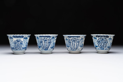Eight Chinese blue and white cups and saucers, Kangxi mark, 19th C.