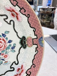 A large Chinese famille rose bianco-sopra-bianco 'peonies' dish, Yongzheng