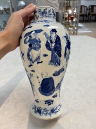 A Chinese blue and white garniture of four vases with figural design, Kangxi mark, 19th C.