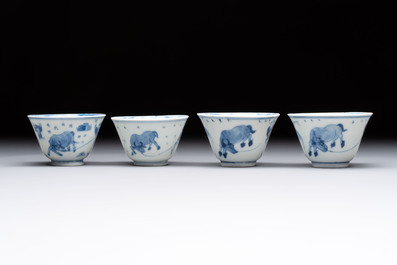 Four Chinese blue and white 'boy and buffalo' cups, Qi Yue Ru Yu 奇玥如玉 and Kun Chi Yu Shi 崑池玉石 marks, Yongzheng