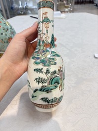 A Chinese wucai square covered container, a gilt bronze-mounted famille verte vase and a Canton famille verte bottle vase, Kangxi and later