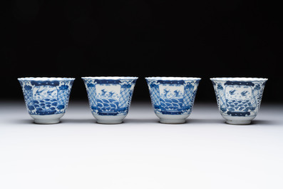 Eight Chinese blue and white cups and saucers, Kangxi mark, 19th C.