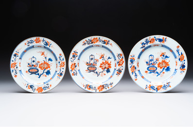 Eight Chinese Imari-style 'flower basket' plates, Yongzheng