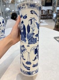A Chinese blue and white garniture of four vases with figural design, Kangxi mark, 19th C.