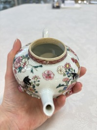 A Chinese famille rose 'roosters' covered teapot and two cups and saucers, Yongzheng