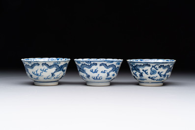 Ten Chinese blue and white cups and nine saucers, Kangxi mark, 19th C.