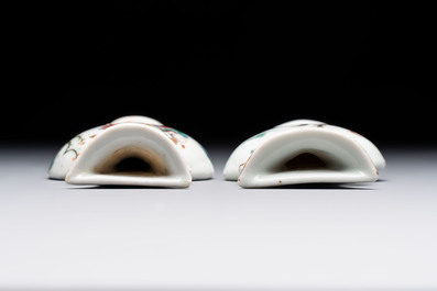 Three Chinese Canton famille verte plates and two famille rose wall pocket vases, 19th C.