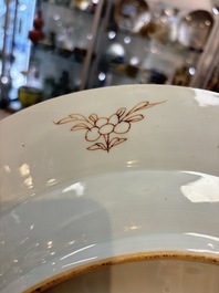 A large Chinese famille rose bianco-sopra-bianco 'peonies' dish, Yongzheng