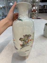 A Chinese famille rose vase with narrative design and a famille verte vase, Qianlong mark, 19th C.