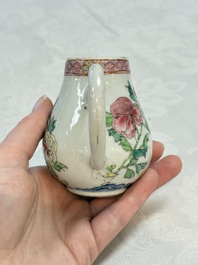 Three fine Chinese famille rose covered milk jugs and a grisaille and iron-red-decorated tea caddy with silver cover, Yongzheng/Qianlong