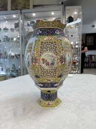 A Chinese famille rose yellow-ground hexagonal lantern and stand, Republic