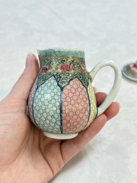 Three fine Chinese famille rose covered milk jugs and a grisaille and iron-red-decorated tea caddy with silver cover, Yongzheng/Qianlong
