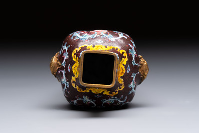 A square Chinese Canton enamel 'European subject' vase, Qianlong mark and probably of the period