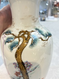 A Chinese famille rose vase with narrative design and a famille verte vase, Qianlong mark, 19th C.