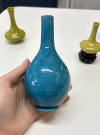 Three Chinese yellow-glazed vases and two turquoise-glazed vases, 19th C.