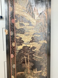 A Chinese Coromandel lacquered four-panel folding screen with mountainous landscapes, 17/18th C.