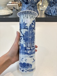 A Chinese blue and white garniture of five vases with landscape design, 19th C.
