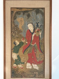 Two Chinese schools: 'Lan Caihe 蓝采和' and 'Lu Dongbin 吕洞宾', ink and colour on silk, 19th C.