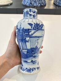 A Chinese blue and white garniture of five vases with landscape design, 19th C.