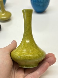 Three Chinese yellow-glazed vases and two turquoise-glazed vases, 19th C.