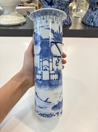 A Chinese blue and white garniture of five vases with landscape design, 19th C.