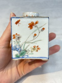 A pair of Chinese famille verte rectangular tea caddies and covers with fighting roosters, Kangxi