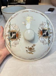A Chinese famille rose armorial tureen and cover with the arms of van Beeftingh for the Dutch market, Qianlong