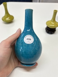 Three Chinese yellow-glazed vases and two turquoise-glazed vases, 19th C.