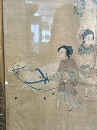 Four Chinese school paintings: &lsquo;Zhou Dunyi 周敦頤&rsquo;, &lsquo;Magu&rsquo;, and &lsquo;Ladies in a Garden&rsquo;, ink and colour on silk, 19/20th C.