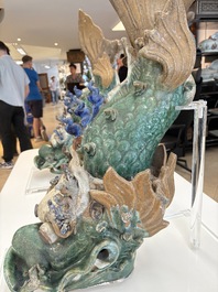 A pair of large Chinese polychrome-glazed fish-form roof tiles, 19th C.