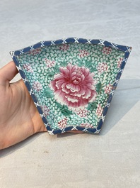 A rare Chinese enamelled Yixing stoneware nine-piece 'peonies' sweetmeat set, 19th C.