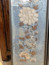 A fine Chinese kesi square 'dragon' panel and two silk embroideries with floral design, 19th C.