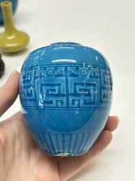 Three Chinese yellow-glazed vases and two turquoise-glazed vases, 19th C.