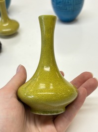 Three Chinese yellow-glazed vases and two turquoise-glazed vases, 19th C.