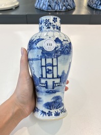 A Chinese blue and white garniture of five vases with landscape design, 19th C.