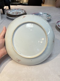 Four Chinese famille rose 'riverscape' plates and five 'flower basket' plates, Qianlong