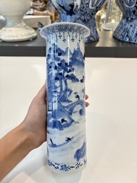 A Chinese blue and white garniture of five vases with landscape design, 19th C.