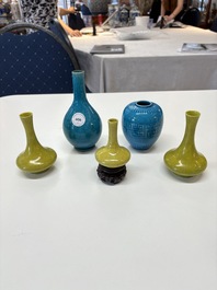 Three Chinese yellow-glazed vases and two turquoise-glazed vases, 19th C.