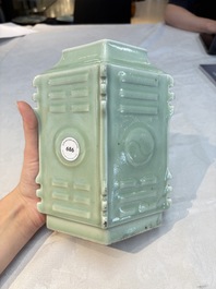 A Chinese celadon-glazed lozenge-shaped 'cong' vase, 19th C.