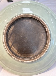 Three Chinese celadon-glazed plates with floral anhua design, 18/19th C.