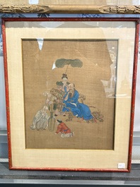 Four Chinese school paintings: &lsquo;Zhou Dunyi 周敦頤&rsquo;, &lsquo;Magu&rsquo;, and &lsquo;Ladies in a Garden&rsquo;, ink and colour on silk, 19/20th C.