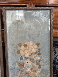 A fine Chinese kesi square 'dragon' panel and two silk embroideries with floral design, 19th C.