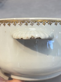 A Chinese famille rose armorial tureen and cover with the arms of van Beeftingh for the Dutch market, Qianlong