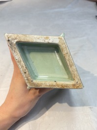 A Chinese celadon-glazed lozenge-shaped 'cong' vase, 19th C.