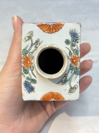 A pair of Chinese famille verte rectangular tea caddies and covers with fighting roosters, Kangxi