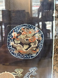 A fine Chinese kesi square 'dragon' panel and two silk embroideries with floral design, 19th C.